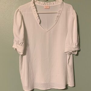 Chic White V-Neck Blouse with Ruffle Trim